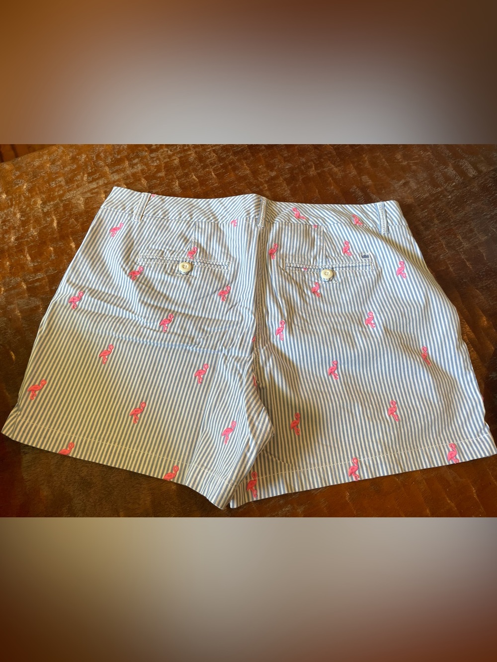 Crown & Ivy Caroline Blue & White Striped Pink Flamingo Embroidered Shorts 12 - Picture 3 of 6